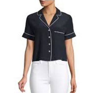 FRAME silk collared crop shirt - navy blue with white piping